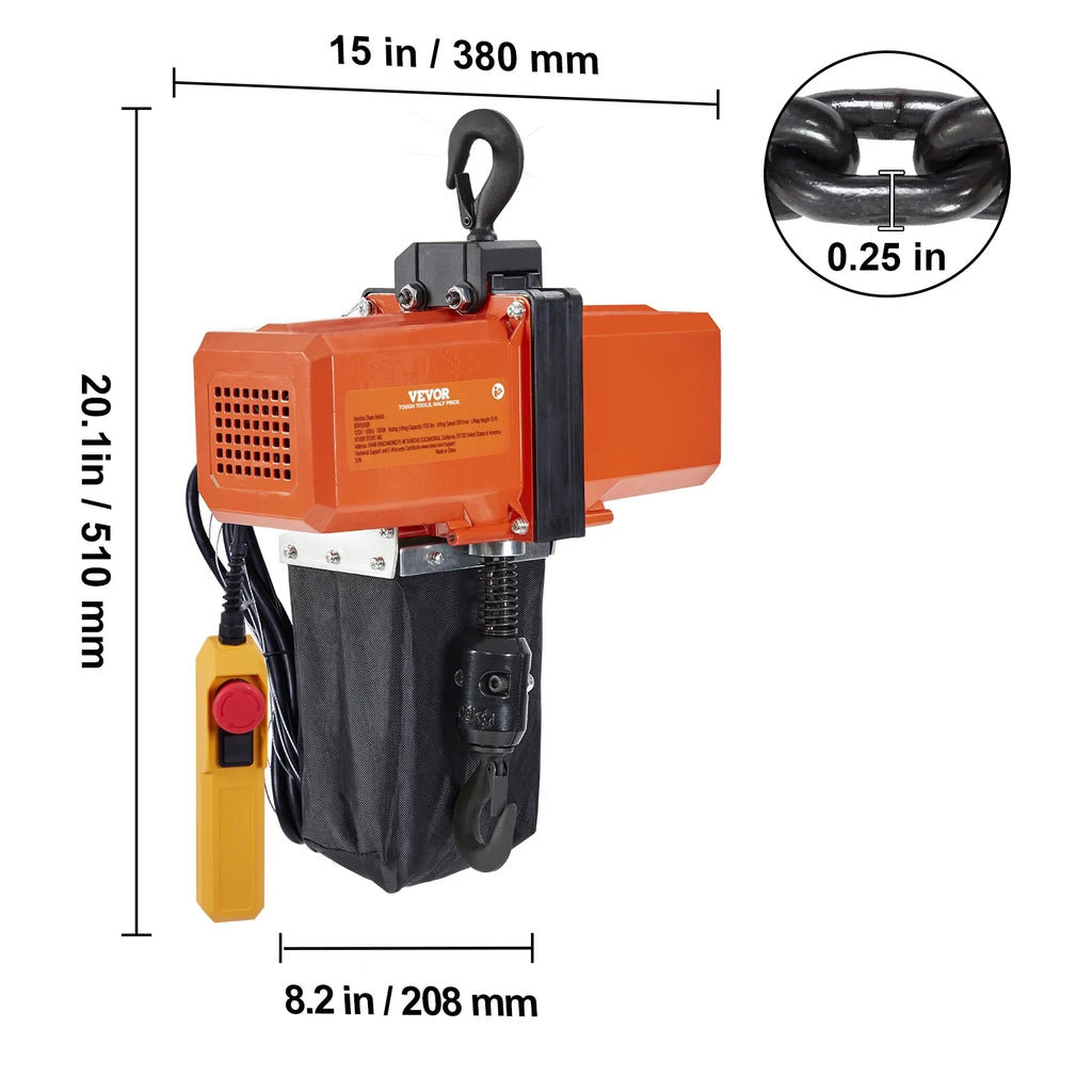 15 Hoist 1100 BENTISM Electric Hoist Lifting lbs Load Phase Single Crane Chain ft