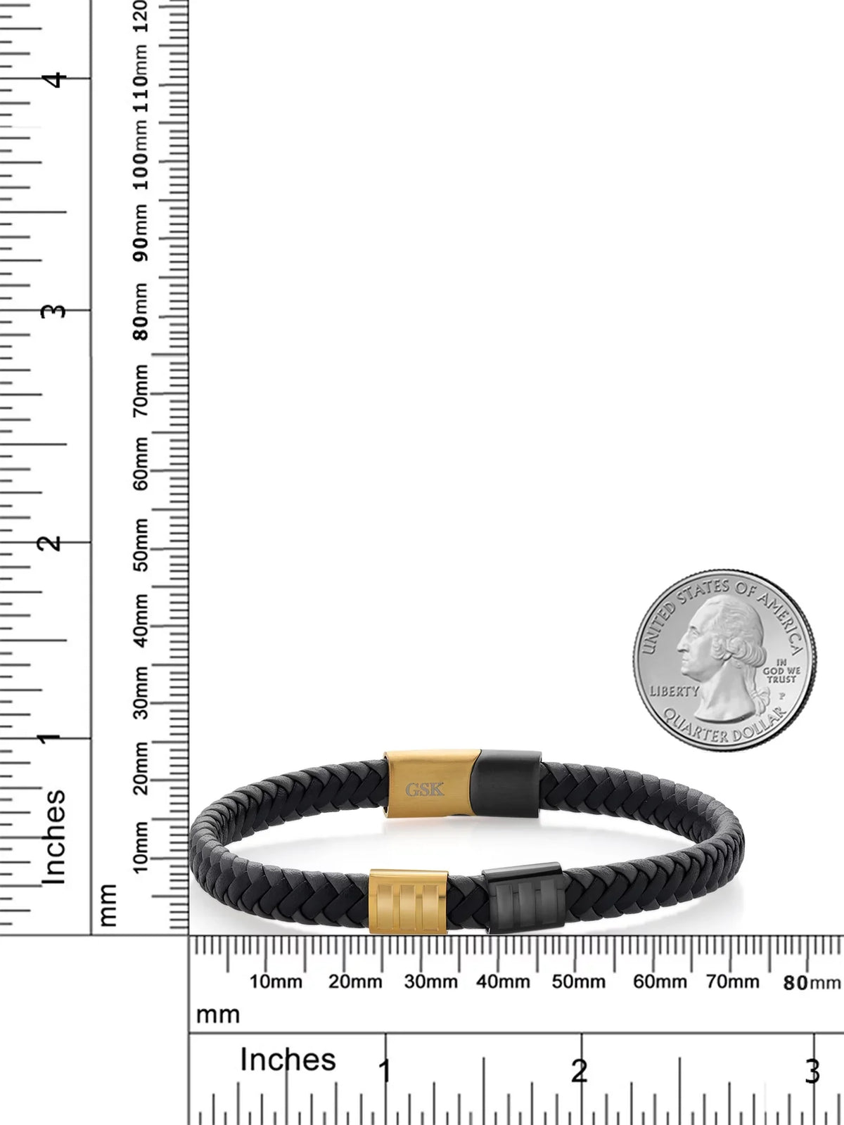 Gold Men's Genuine 7.7MM Bracelet Gem (8.25 Premium Stone Stainless Black Leather King Steel Width) inch,