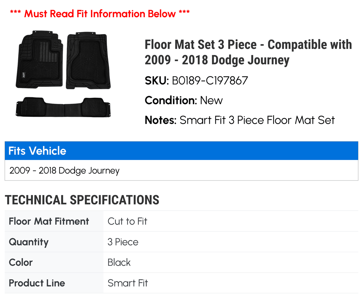 '- Dodge Mat with Floor 2012 2011 2009 2016 Journey Set - 2015 3 2014 Piece Compatible 2017 2013 2010 2018