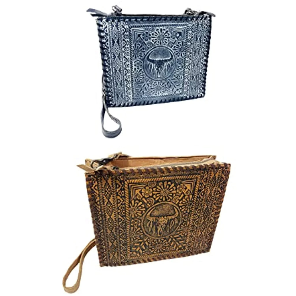 Purse Tooled Skull Crossbody Genuine Large Leather (Blue) Tote Bag Western Cow Urbalabs Longhorn Hand Stitched Handbag