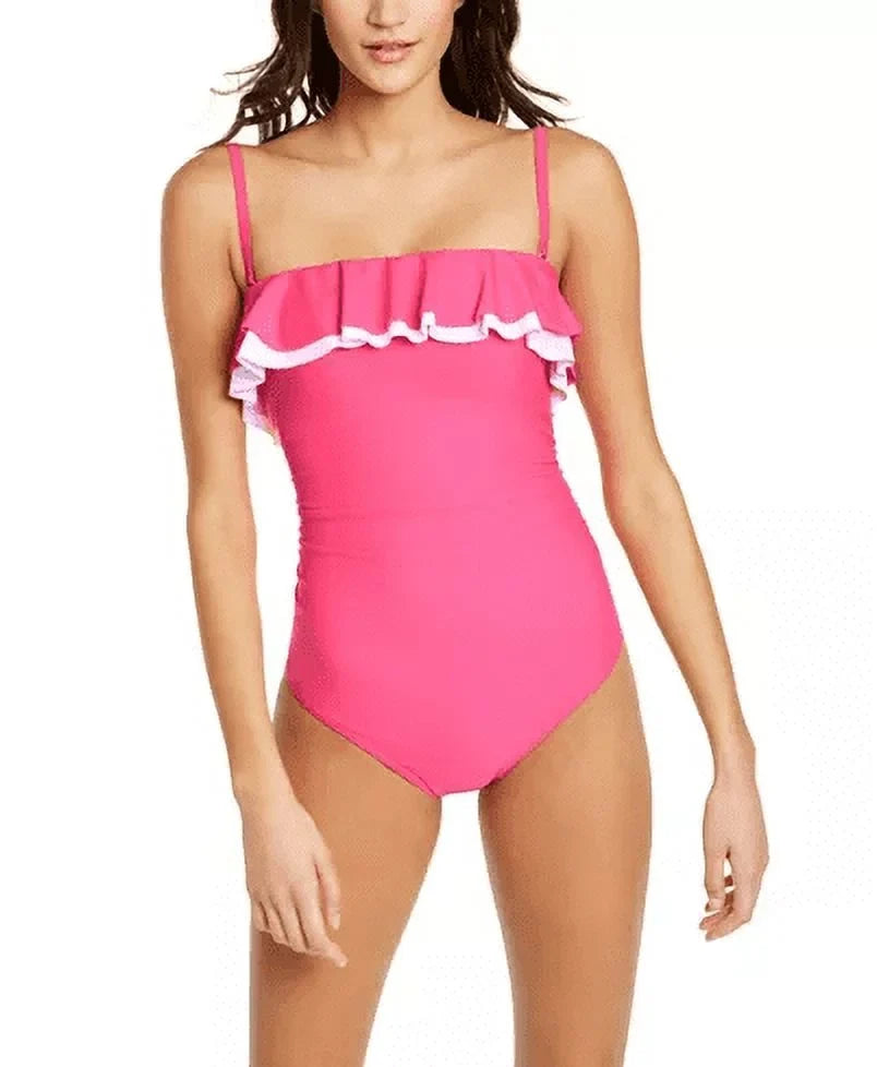 Strapless Tommy Ruffle Hilfiger US 12 Swimsuit, Solid PINK One-Piece