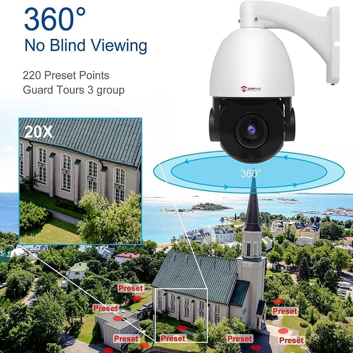 IP Detection, Waterproof Vehicle IP66 with Zoom, Pan 360°/Tilt Mic/Audio, Vision, PTZ 90°, IR PTZ Indoor 20X Camera Metal, Night Anpviz Security Person Surveillance Camera 6MP Optical IP exterior PoE