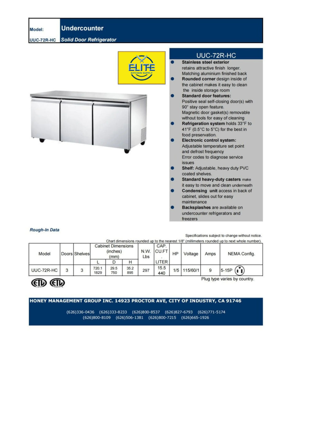 ins Three 72 Stainless Steel Refrigerator 15.5 Cu. ft. Door Commercial Undercounter