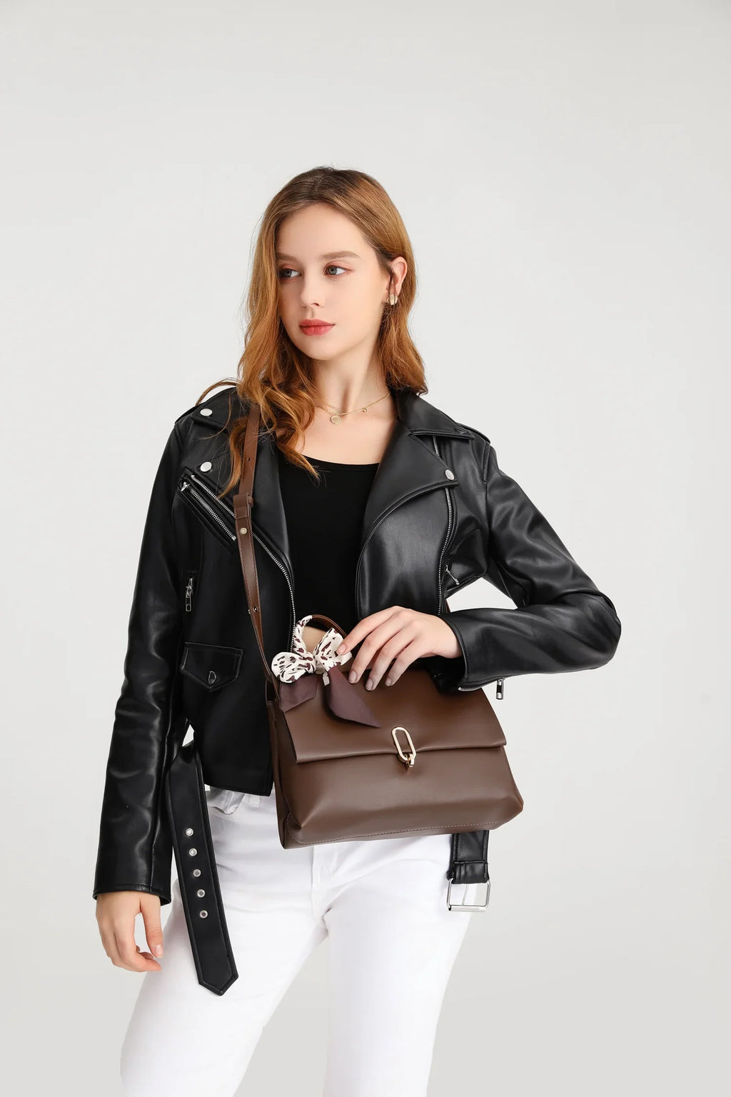bags Women's Silk square Leather handbags bag crossbody Brown Flap Bag Handle Shoulder ladies hand PU Scarf bags women