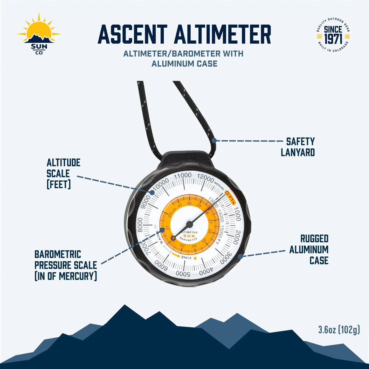 climate-Trend with Altitude Feet Battery-Free Reads from Sun 15,000 to Indicator Barometer Lanyard Ascent and Altimeter 0 | Case | Altimeter - Company and Rugged Aluminum Reflective