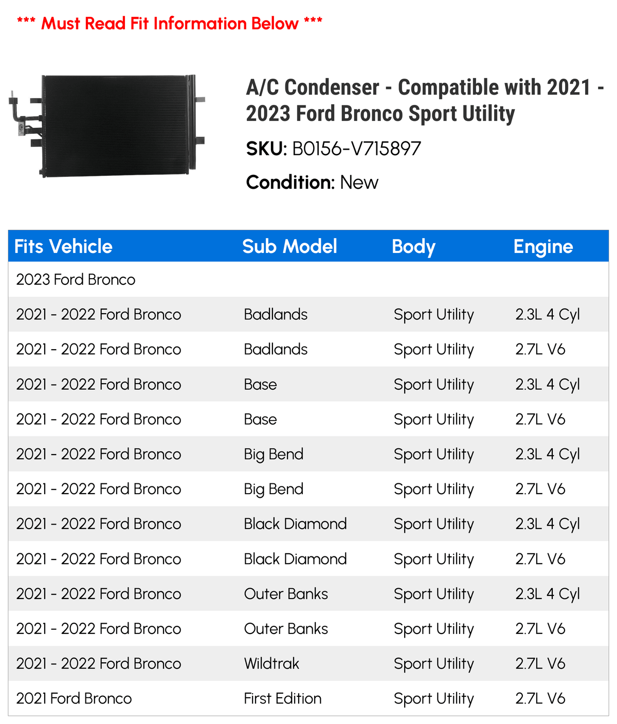 A/C with Condenser Utility - 2023 Bronco Compatible - 2021 Sport 2022