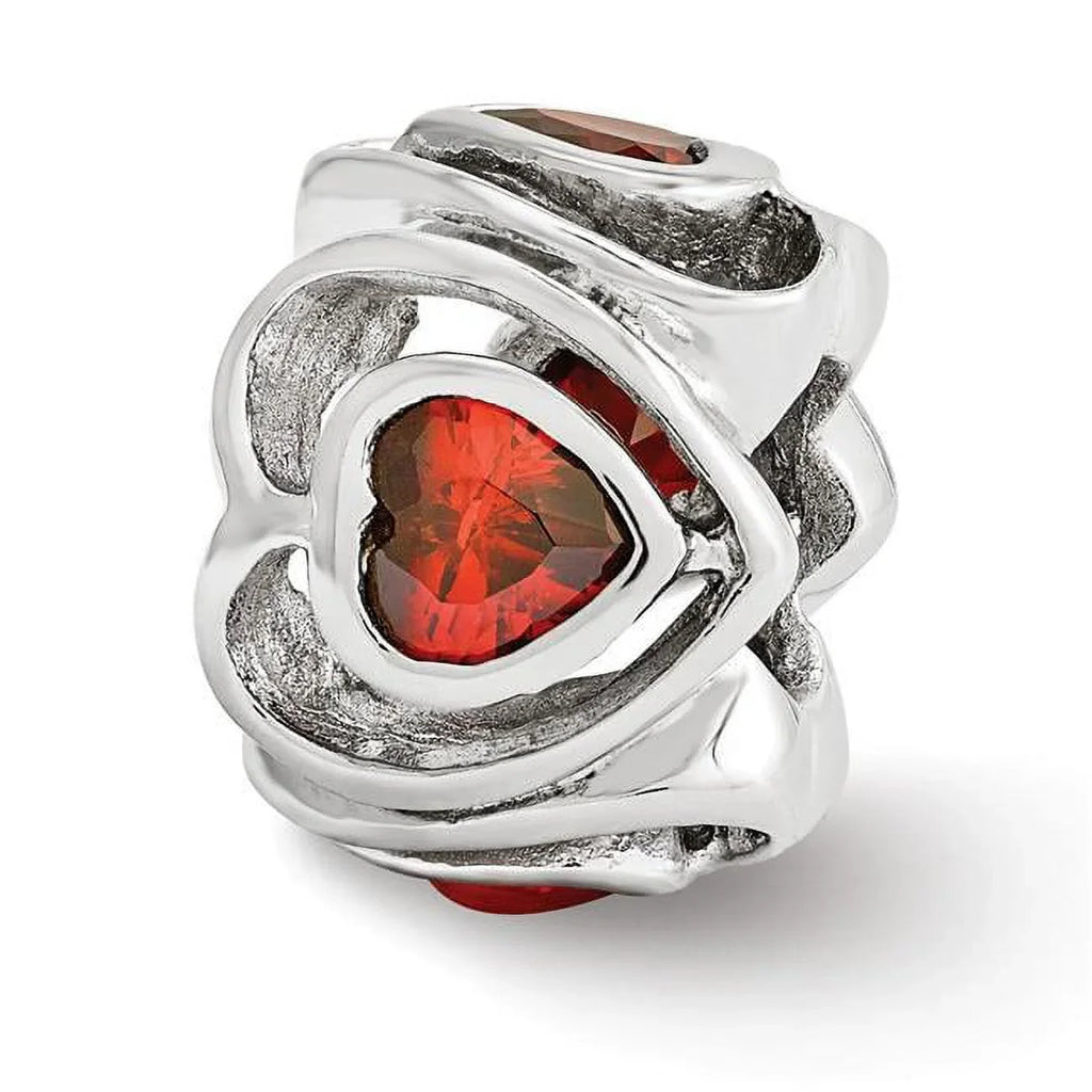 Silver Red CZ Beads Dark QRS3328 Heart - Polished Sterling Reflection Bead