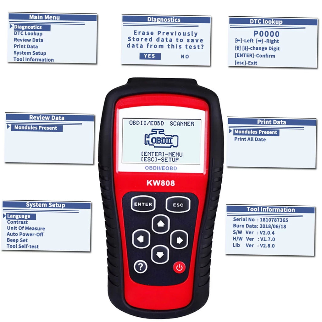 Auto Moobody OBDII/EOBD Automotive Car Reader for and Code Detection Scanner Scanner KW808,