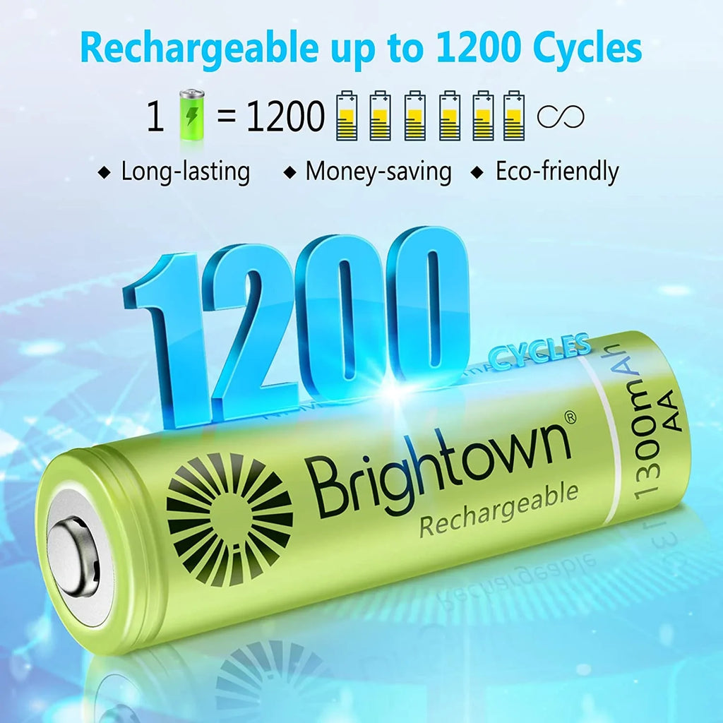 12 Battery 1200 Pack Cycles Recharge A AA, NiMH Battery Solar Household to Charged Pre Lights Double Brightown for Rechargeable and Devices, up
