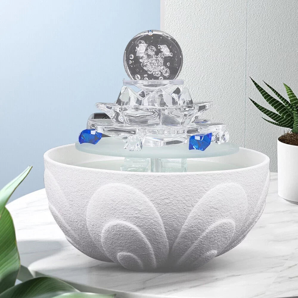 Lotus Fountain Waterfall White Fountain, Crystal Teahouse Fountain Office Tabletop Decor liquid Ornament Desktop liquid Desktop Flowing