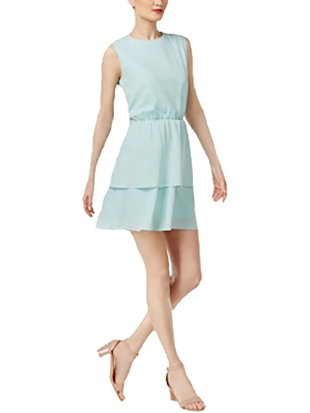 Neck CR Flare Waist XL Fit Womens outfit Zippered Skirt Sleeveless Short Tiered Aqua BY Elastic + Lined Jewel