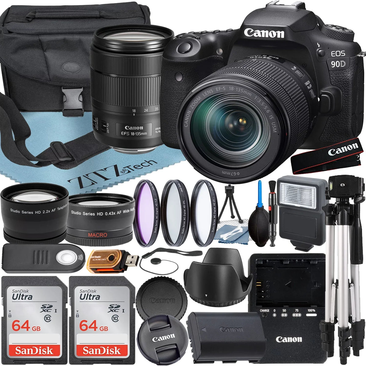 Canon + Tripod Lens + ZeeTech 18-135mm USM with Camera + SanDisk IS Case Bundle Card EOS 64GB Wideangle + + 90D Accessory DSLR