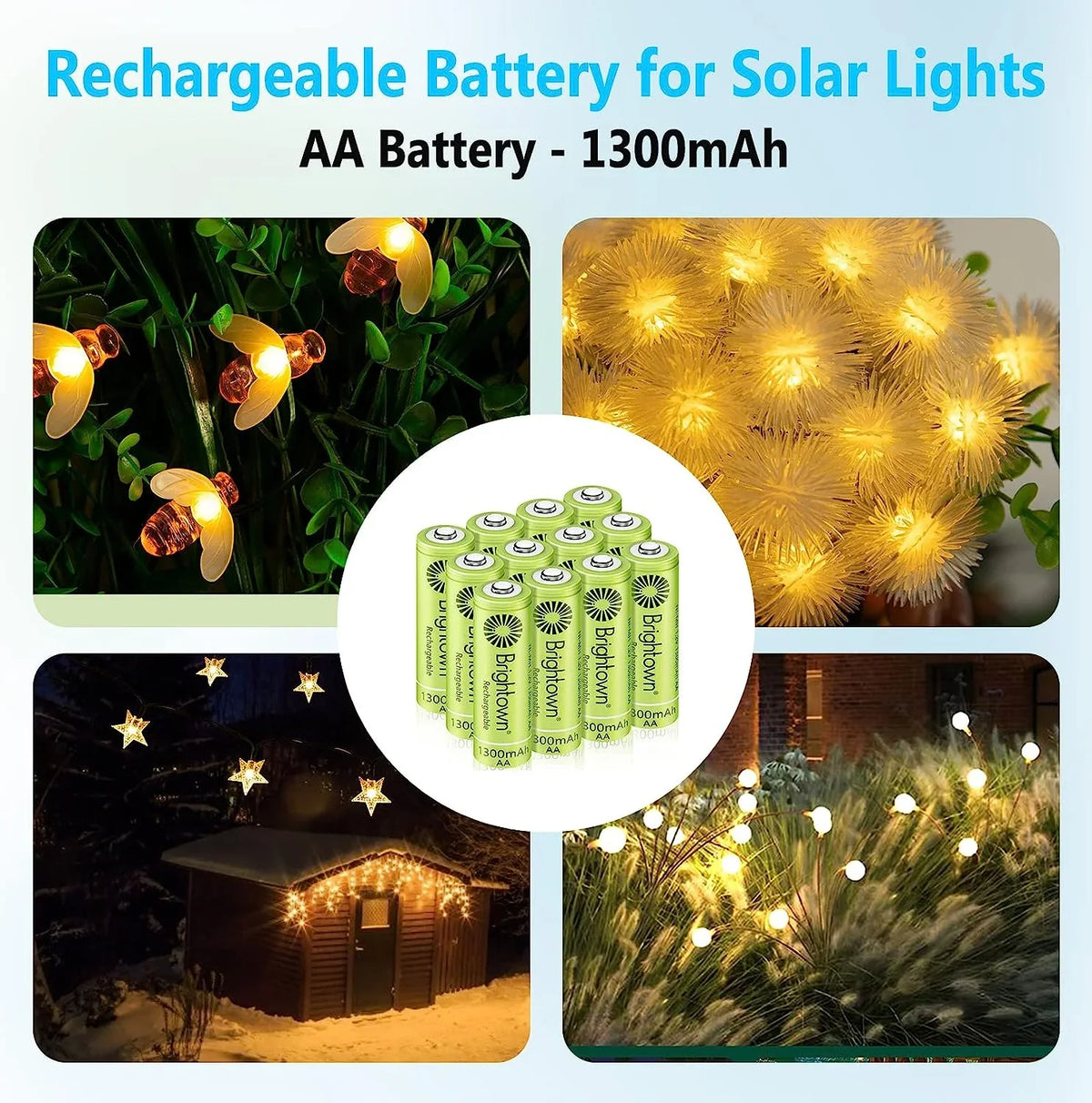 12 Battery 1200 Pack Cycles Recharge A AA, NiMH Battery Solar Household to Charged Pre Lights Double Brightown for Rechargeable and Devices, up