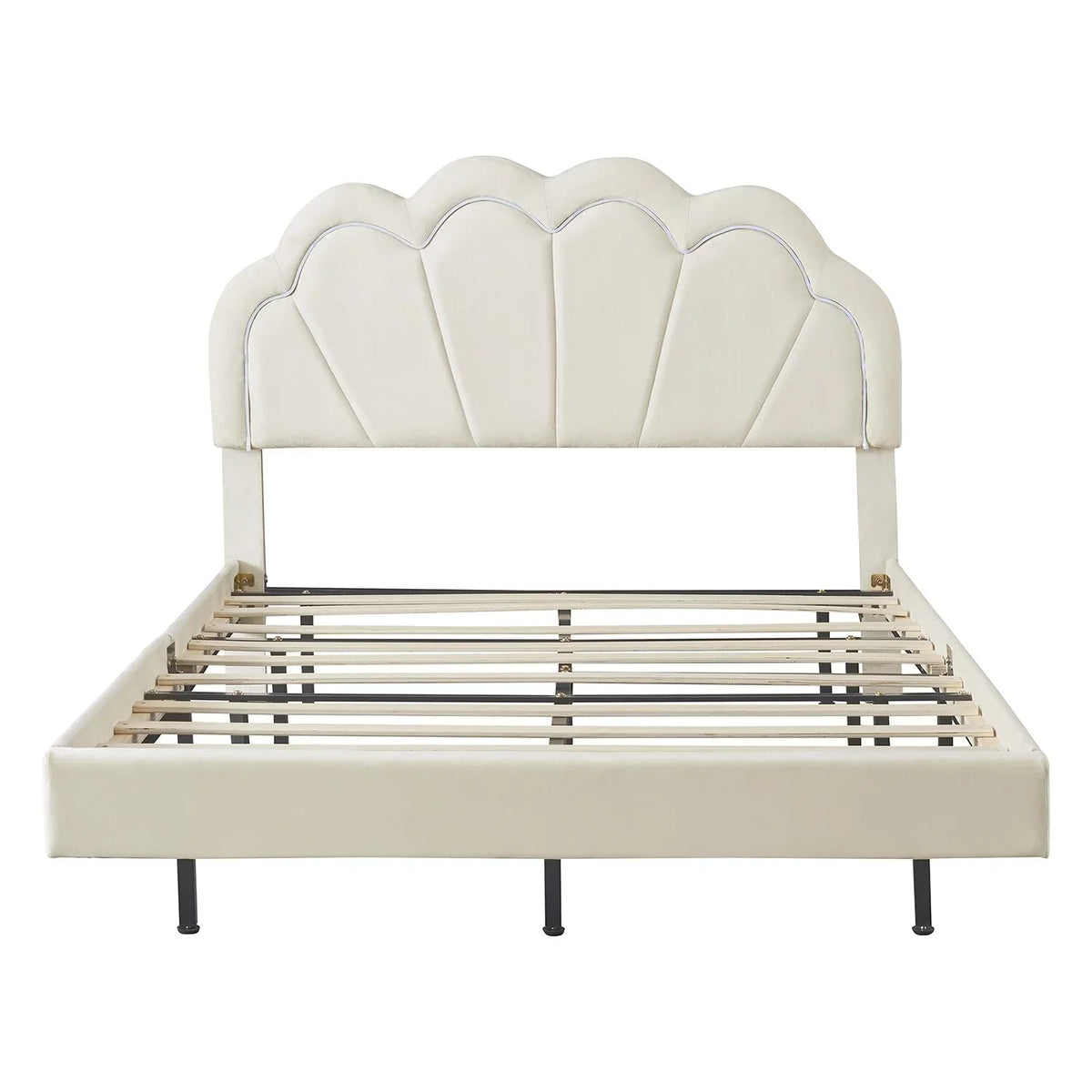 Smart Full Platform Bed Wooden with LED Slats dimension Support Beige