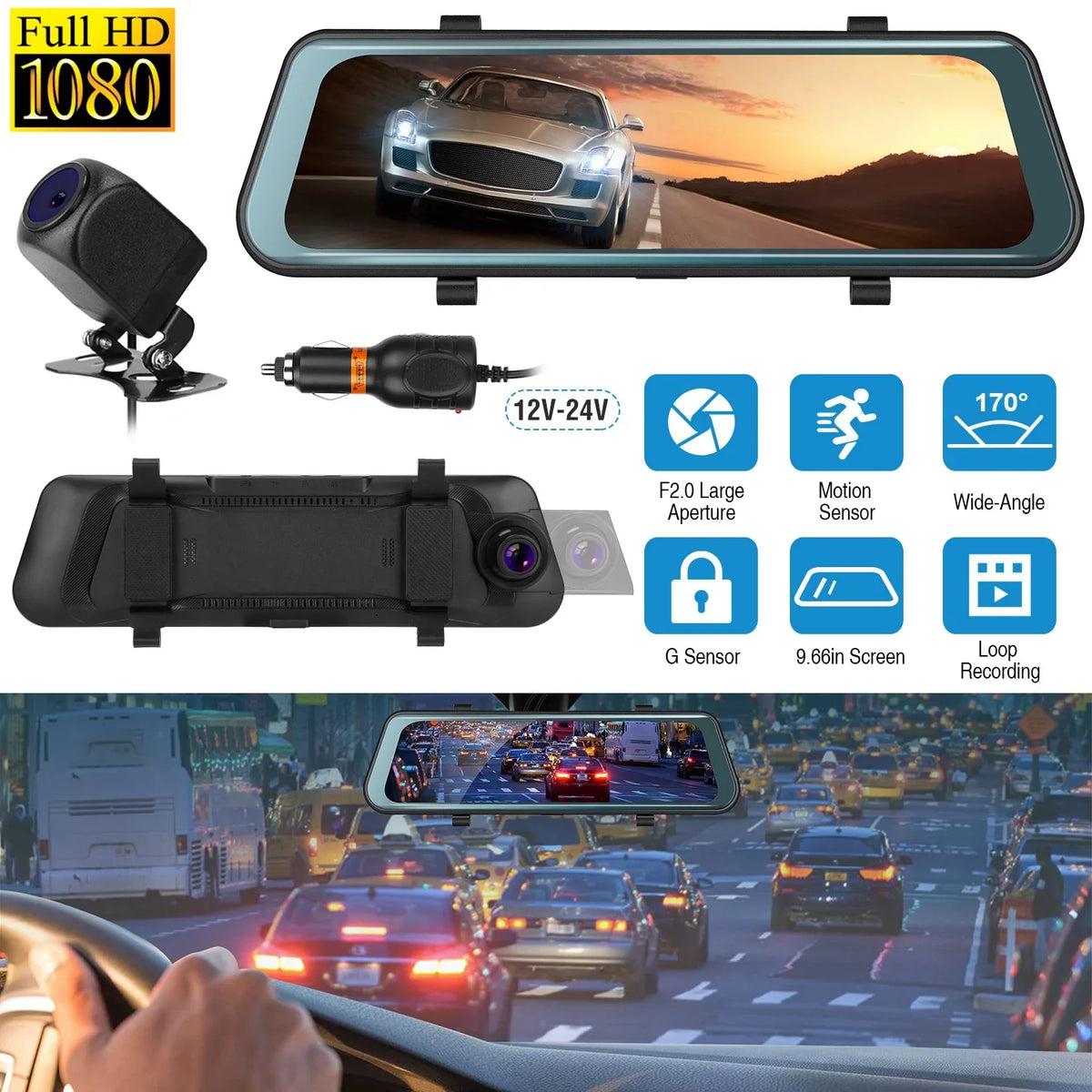 iNova FHD Vehicle with DVR Recording Driving Recorder Dash Sensor 1080P Parking 9.66In Car G Camera Monitoring Seamless