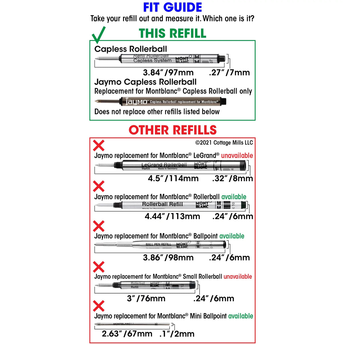 113778 - / Refill - Capless - for Pen Rollerball Jaymo Measures 97 Blue Long Montblanc 3.84 Replacement 24 mm in