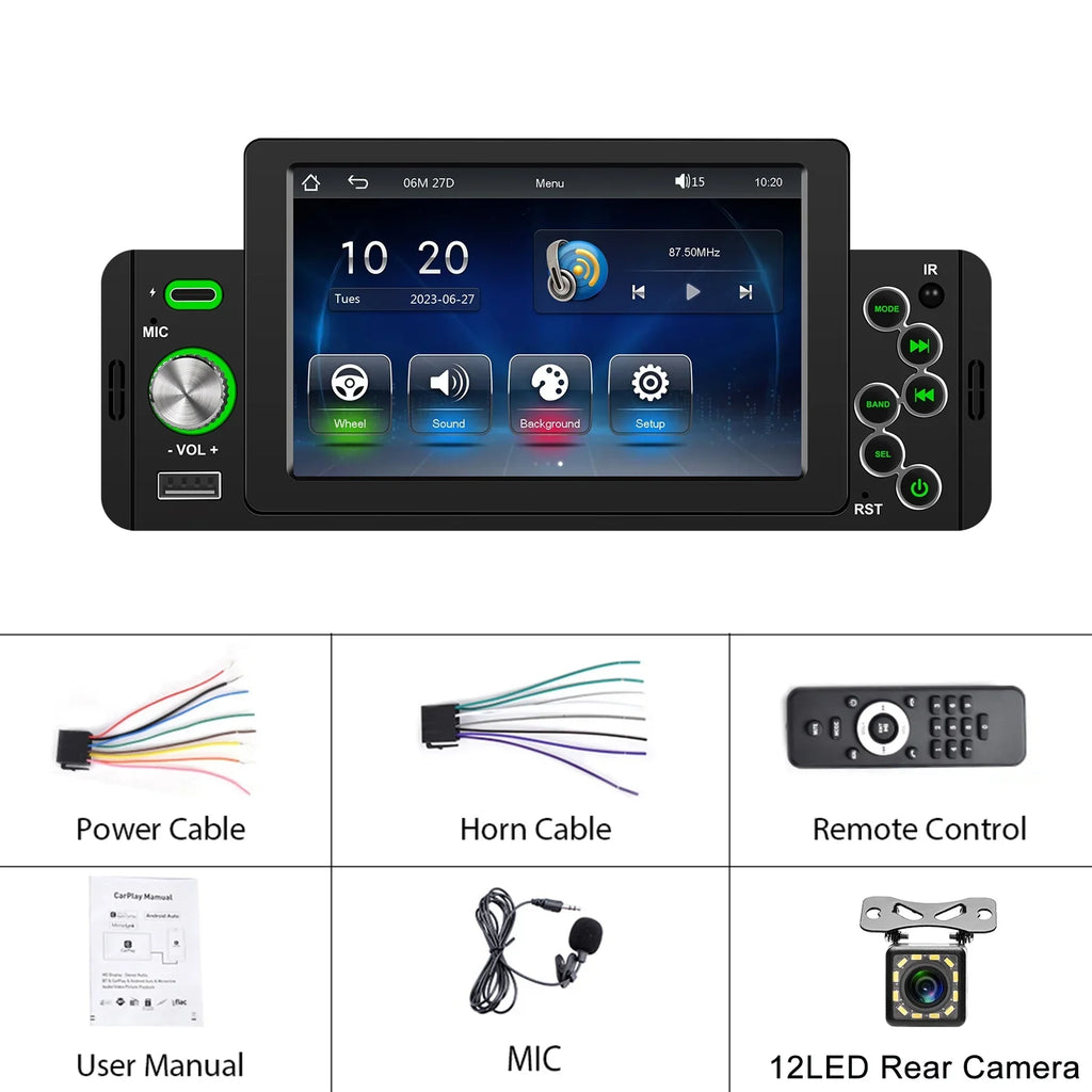 wireless Camera Rear Bluetooth Player Radio View TF/USB Receiver FM carplay/auto Support mp5 1DIN 5" Universal with Car