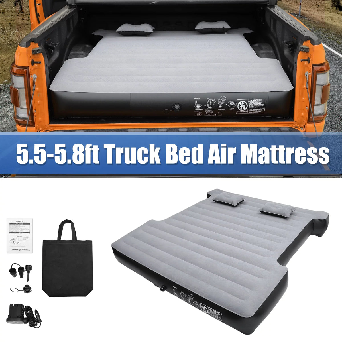 Full-dimension Unique Pump Bargains Short 5.5-5.8ft Air Kit with Inflatable Electric Gray Truck Bed PVC Thickened Universal