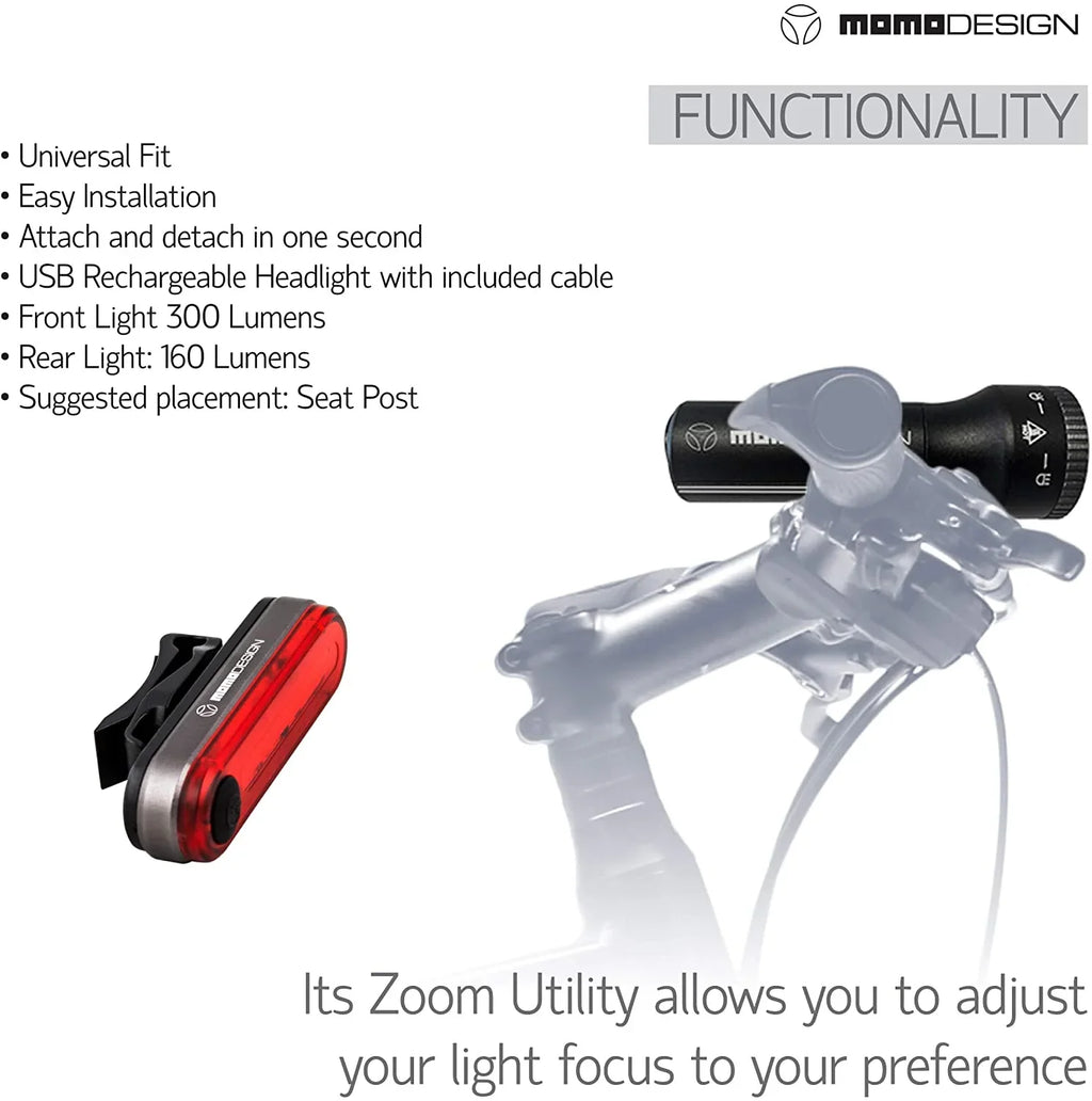 Designed for Night for USB & KIT Light Rear Rechargeable, Headlight Resistant, climate Bike 300 Visibility, MOMODESIGN Light COMMUTERS