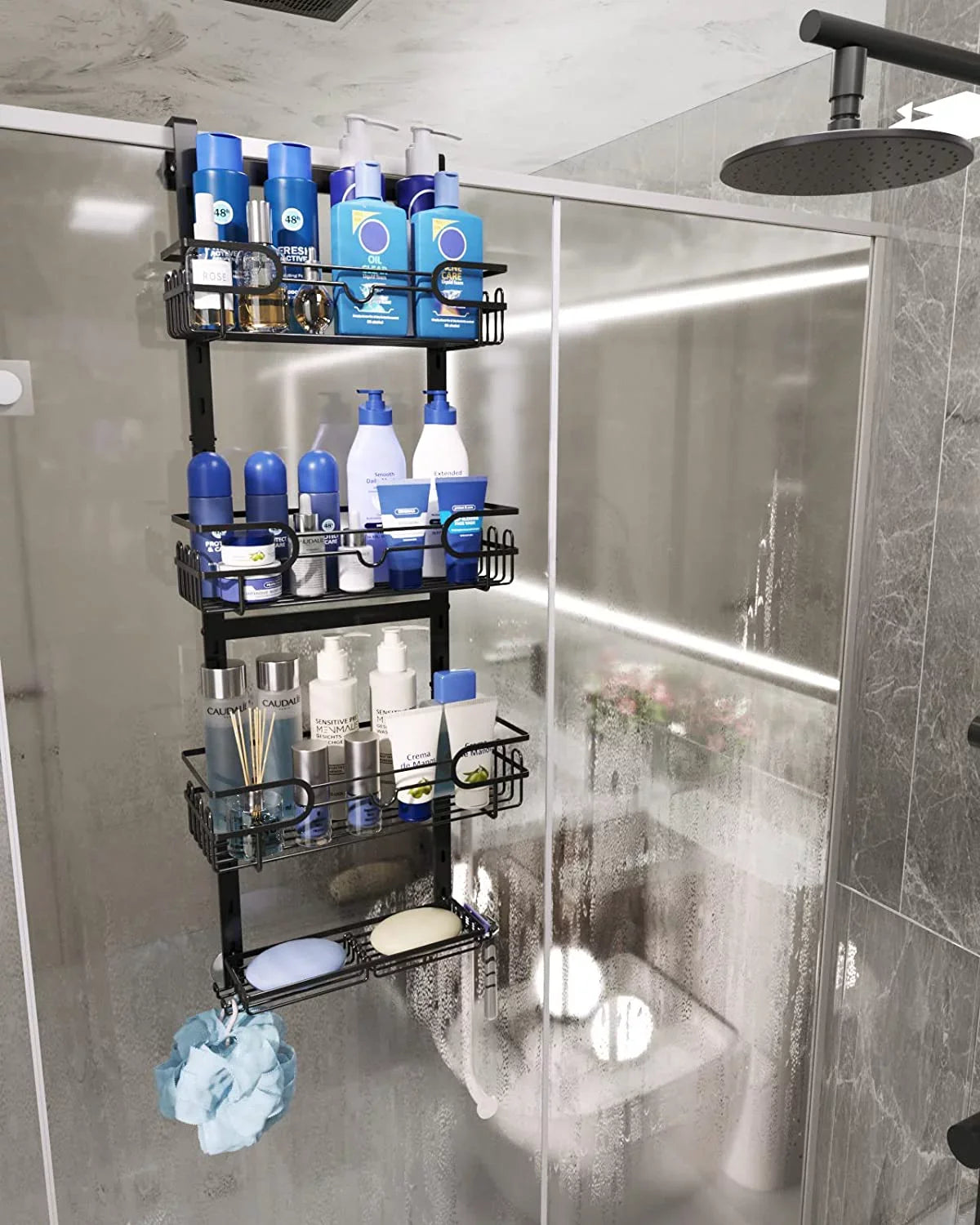 Bathroom Cups, Holder, with Door Shower Hanging Hooks 2 Adjustable Caddy 4 Suction Steel Caddy Shower Over & 4 Rustproof Shelf Tier for Stainless The Soap Consumest with Hanging Shower Organizer