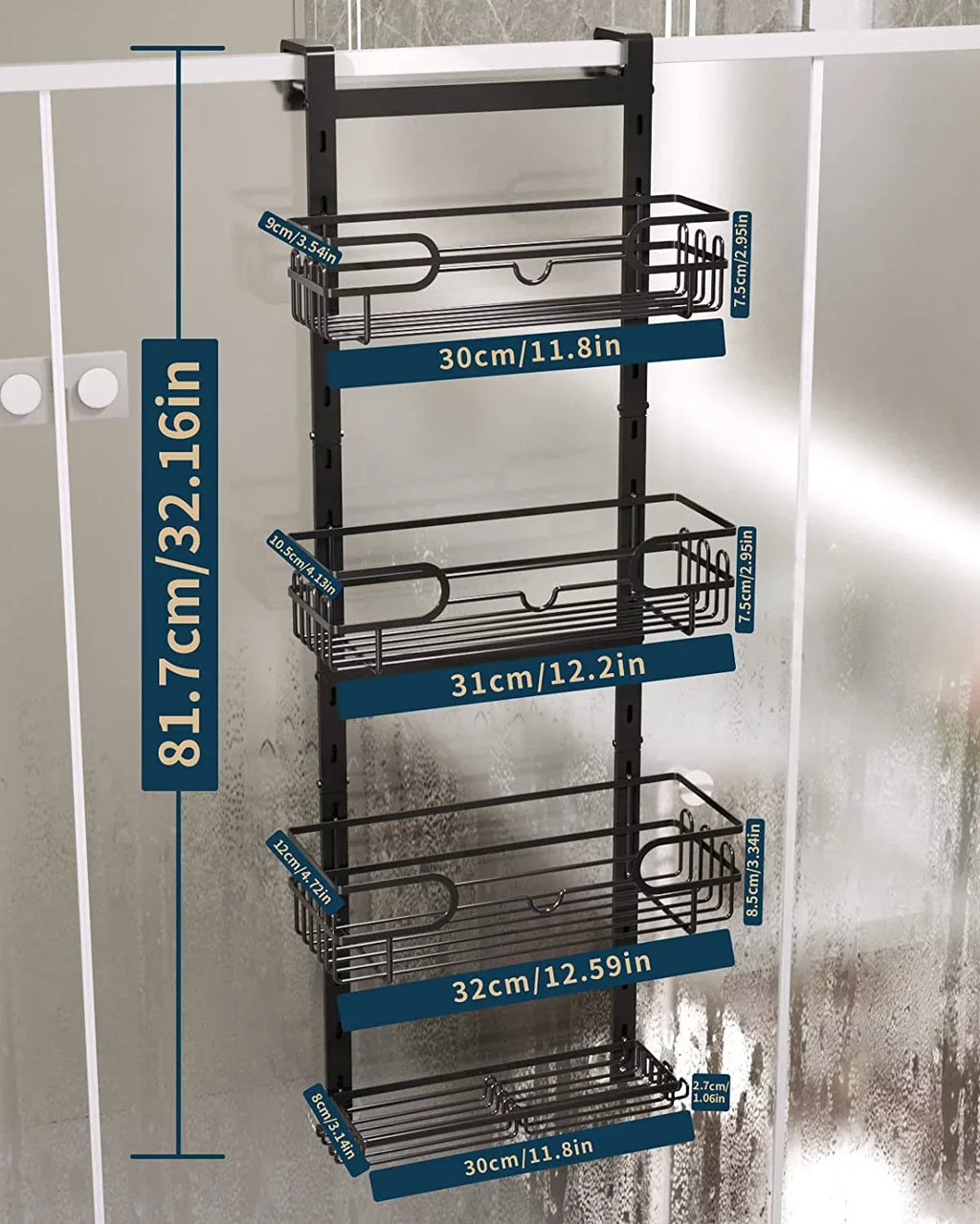 Bathroom Cups, Holder, with Door Shower Hanging Hooks 2 Adjustable Caddy 4 Suction Steel Caddy Shower Over & 4 Rustproof Shelf Tier for Stainless The Soap Consumest with Hanging Shower Organizer