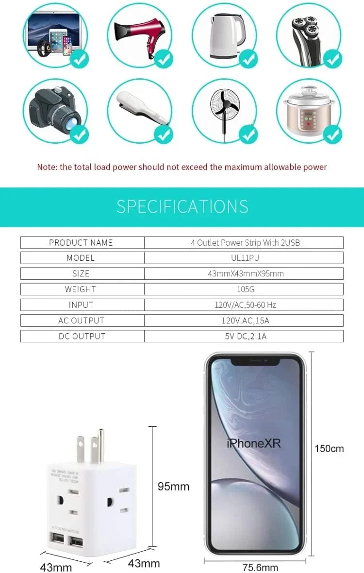 USA Splitter Adapter Angle Adapter Plug USB Cube and 2 Travel,White Prong for with Home Extender 3 Multi AC Wonplug Wide Outlet Ship Sockets, Plug Right Office Spaced Cruise 4 Wall Charger
