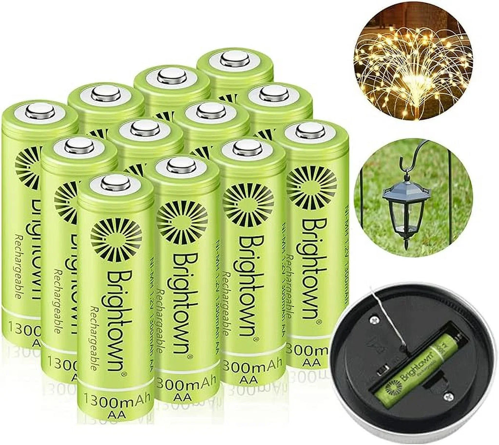 12 Battery 1200 Pack Cycles Recharge A AA, NiMH Battery Solar Household to Charged Pre Lights Double Brightown for Rechargeable and Devices, up
