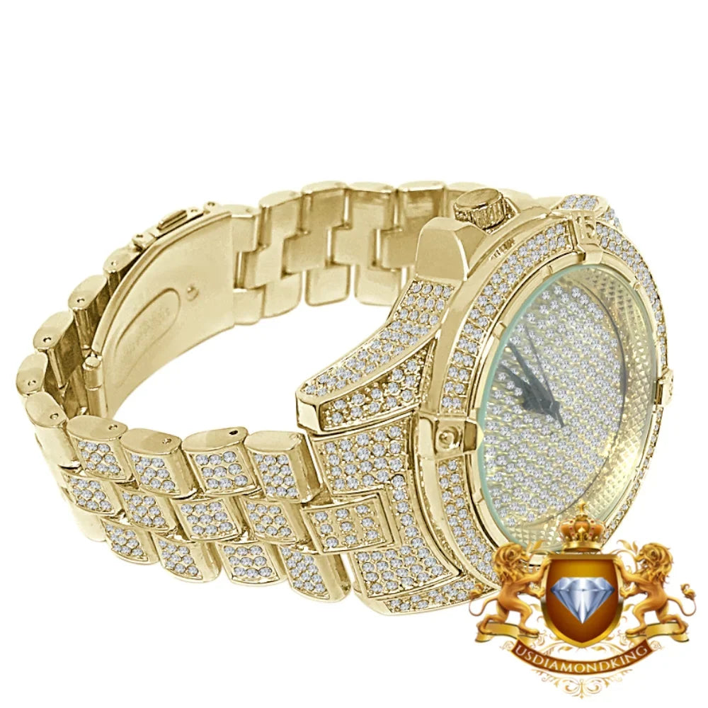 Bling Techno Gold Pave Finish Yellow Simulated Crystal Fully Diamond Men's Watch