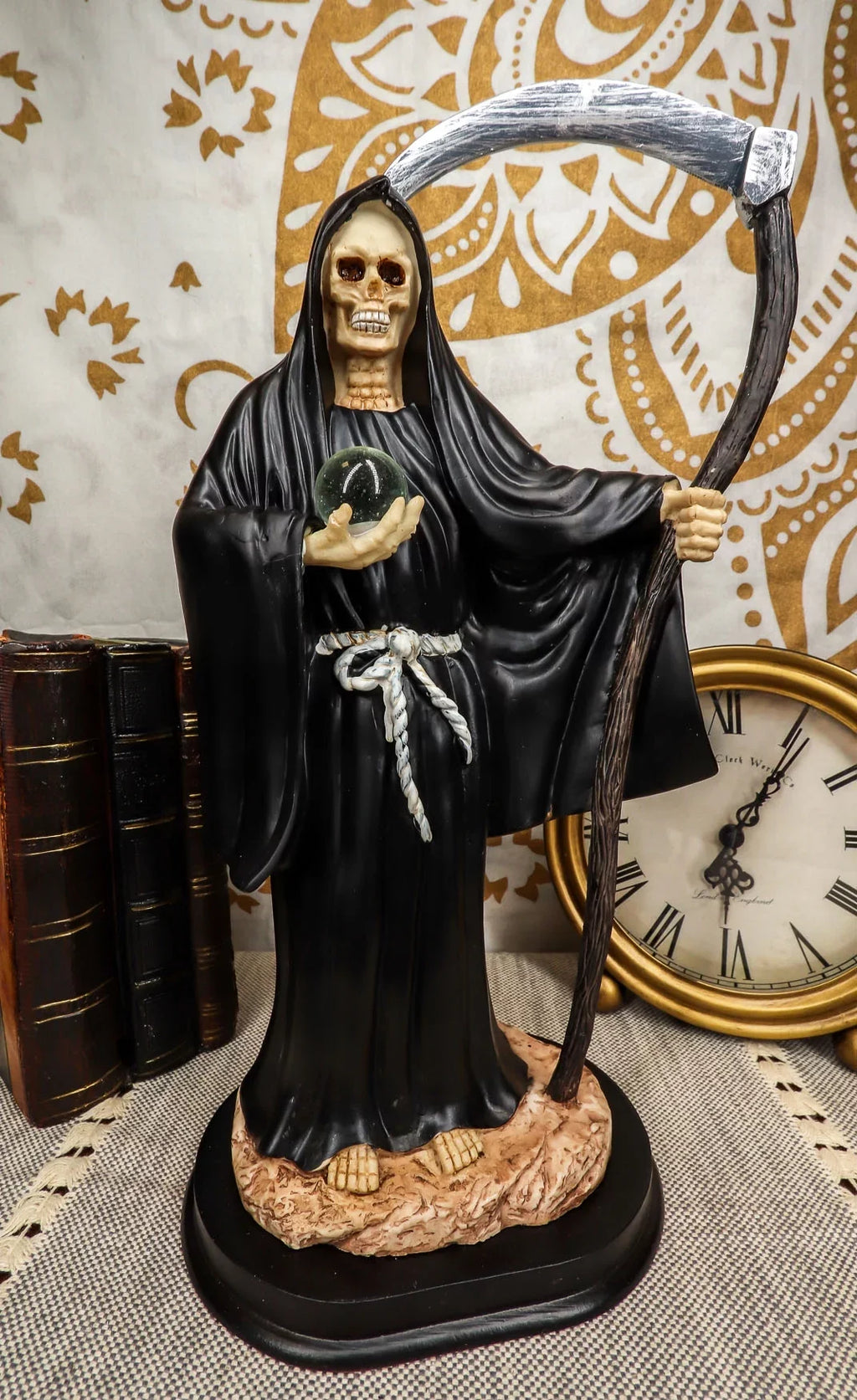Tall Tunic in Ebros Statue Robe Holding Santa Muerte Holy Scythe Black 12.75"