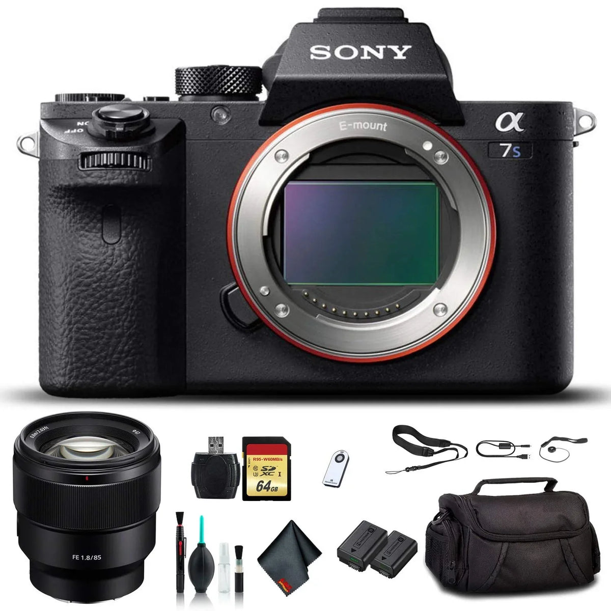 Mirrorless With , FE Camera Additional Accessories Alpha Memory 24-70mm Essential Lens, Reader Soft Plus ILCE7SM2/B Card 64GB a7S II Bag, Battery, Card,
