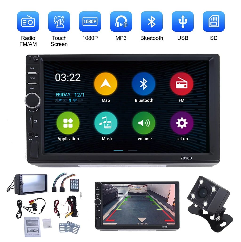 MP5 Touch Camera Car Inch with Player, HD 2 Double Reversing Video Player Car Screen Bluetooth Backup Radio Stereo Din 7 1080P