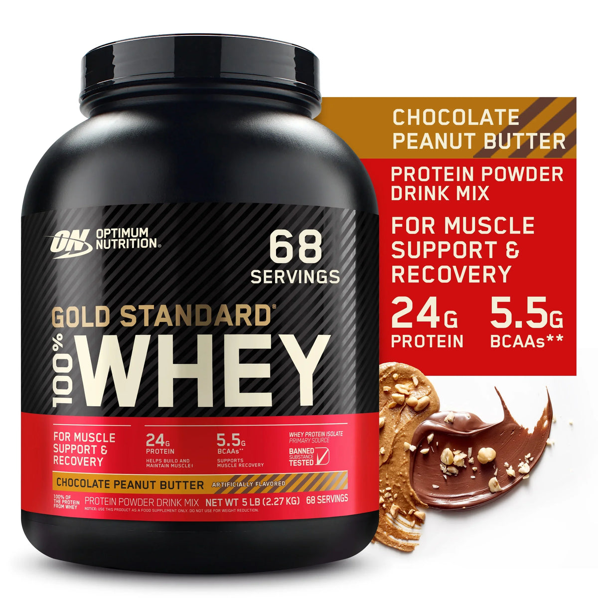 Peanut Chocolate Standard Butter, Whey Powder, Nutrition, 100% 5 Optimum Protein lb, Gold Servings 68