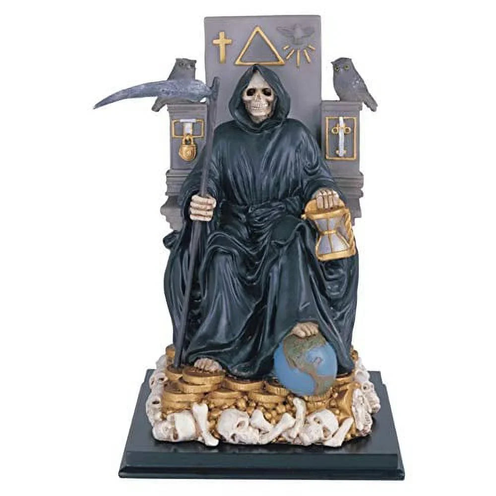 On Black Our Death Santa Lady Statue Of Muerte Seated Throne Scythe Holding