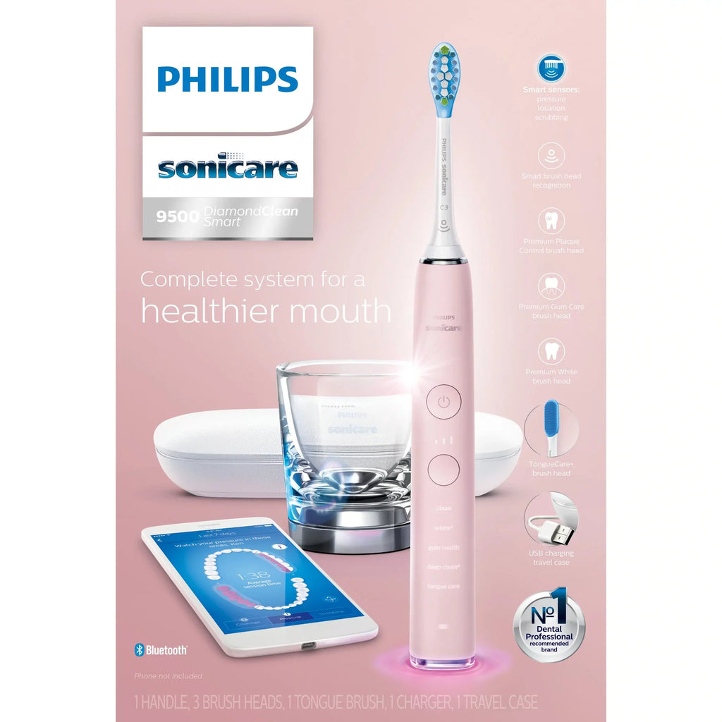 Electric Pink, Philips Rechargeable Smart Toothbrush, DiamondClean Sonicare 9500 HX9924/21 Power
