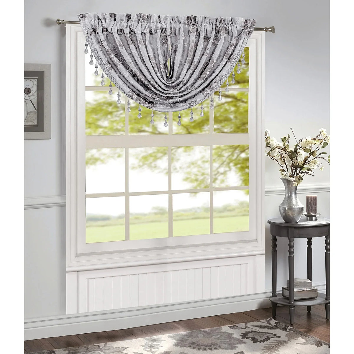 Waterfall Felicia Silver, 48x37 Valance, Inches Pocket Window Rod Jacquard