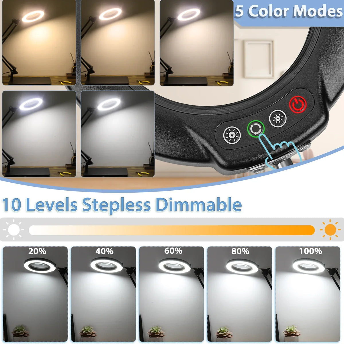Magnifier 2-in-1 Light Lighted with Sewing Glass with Color Hands and Free LED Dimmable, 5 Magnifying Modes Clamp, Lamp Close 10X Desk Work, Painting, Magnifying Stand, Craft, for Stepless