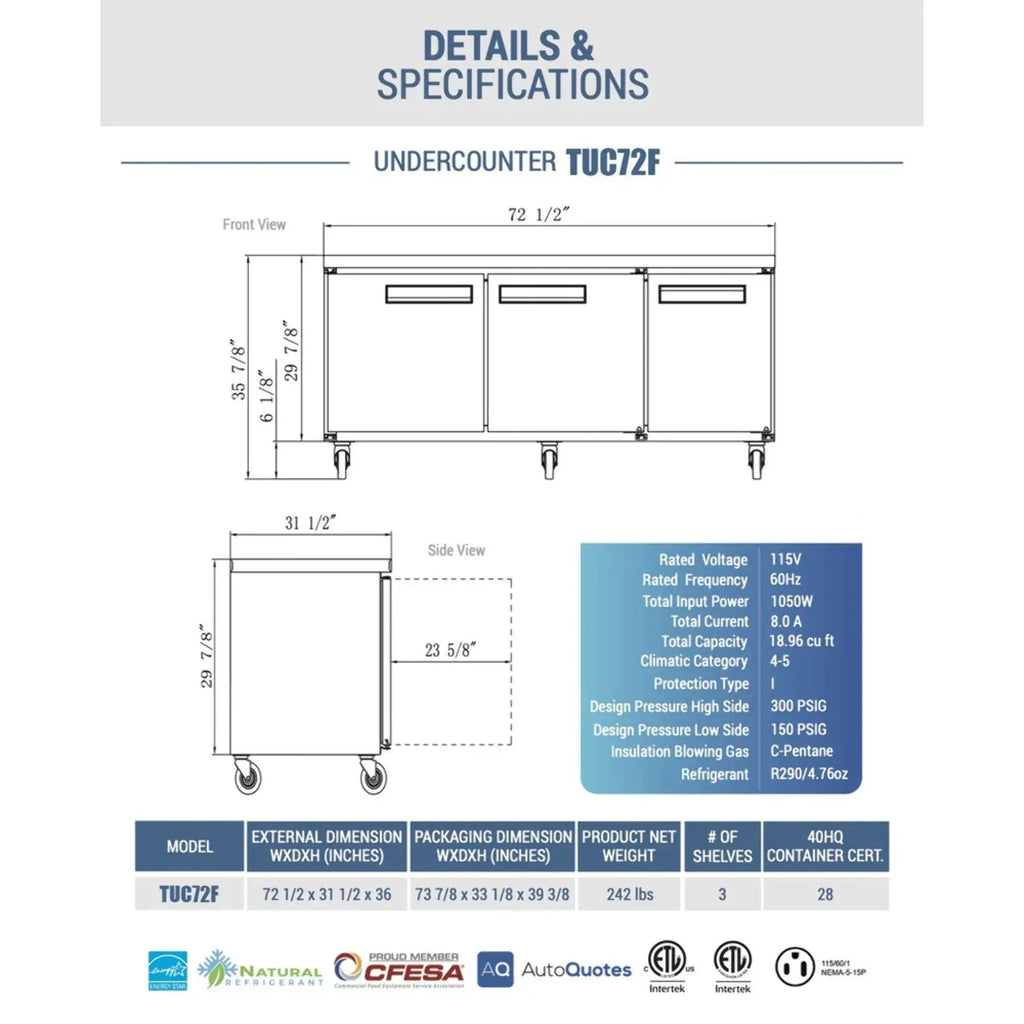 Worktop Freezer Kitchen WDUC72F 3 West Door Undercounter 72