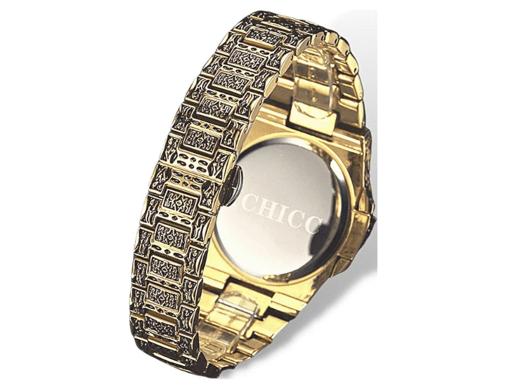 Quartz with Watches Vintage Men Stainless Analogue Gold Strap for Calendar GIFT Wrist Steel Watch