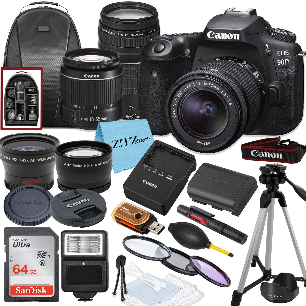 with Canon Camera ZeeTech EOS 64GB Tripod Card, and Flash, Lens, 75-300mm DSLR SanDisk 90D Bundle Backpack, 18-55mm, Accessory
