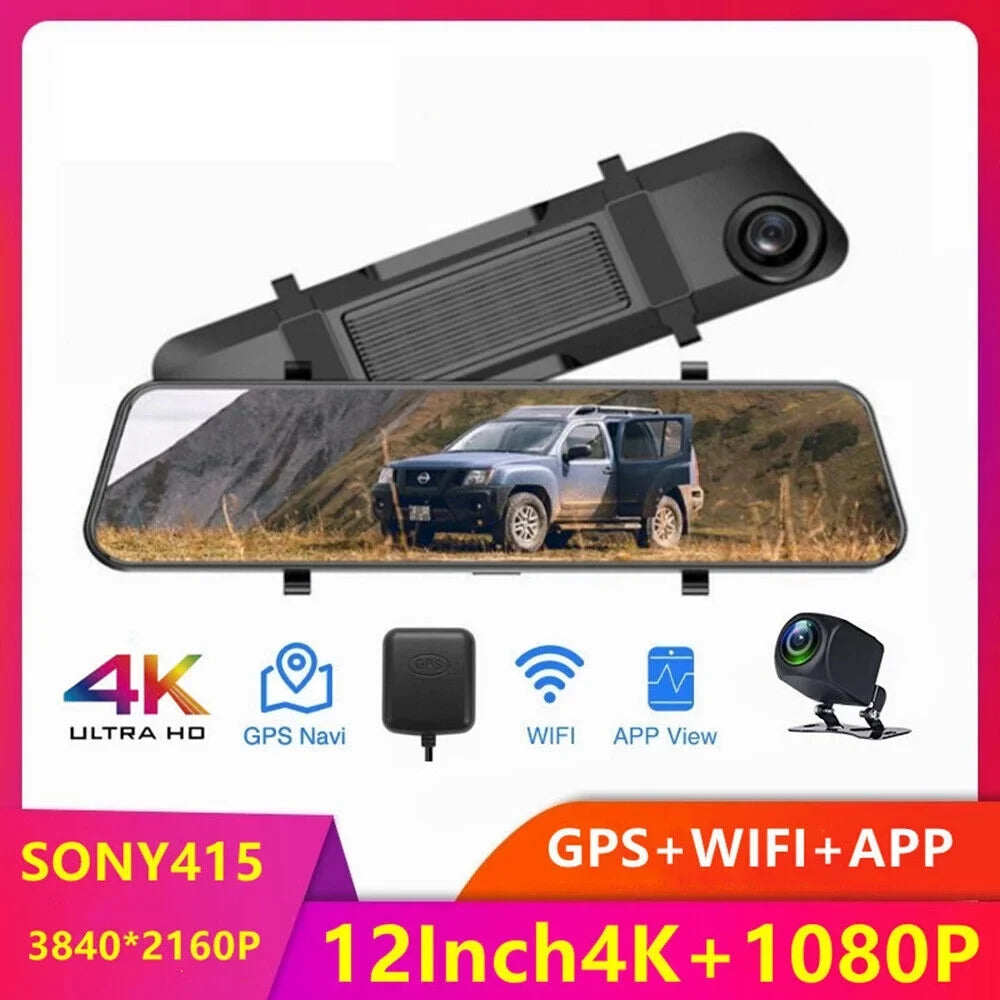 WiFi G·PEH Cam US 12" Mirror Dual Dash RearView Backup Car GPS Voice 4K Control
