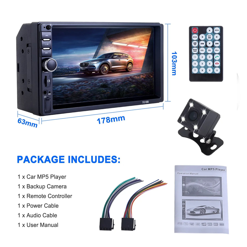 MP5 Touch Camera Car Inch with Player, HD 2 Double Reversing Video Player Car Screen Bluetooth Backup Radio Stereo Din 7 1080P