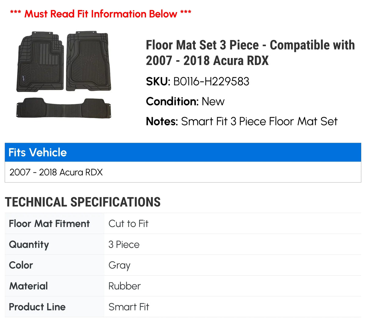 Mat 2012 Floor 2008 2013 2018 2011 2007 Compatible Piece 3 Acura 2017 2016 - with 2014 2009 2015 - 2010 RDX Set