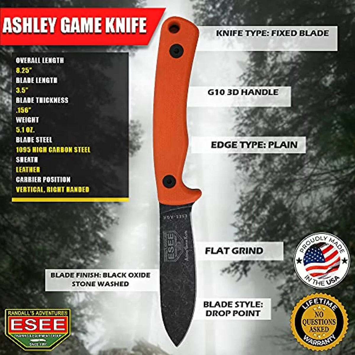 G10 1095 Black & Knives Carbon ESEE Ashley Steel Blade Orange Game AGK-OR Fixed Knife