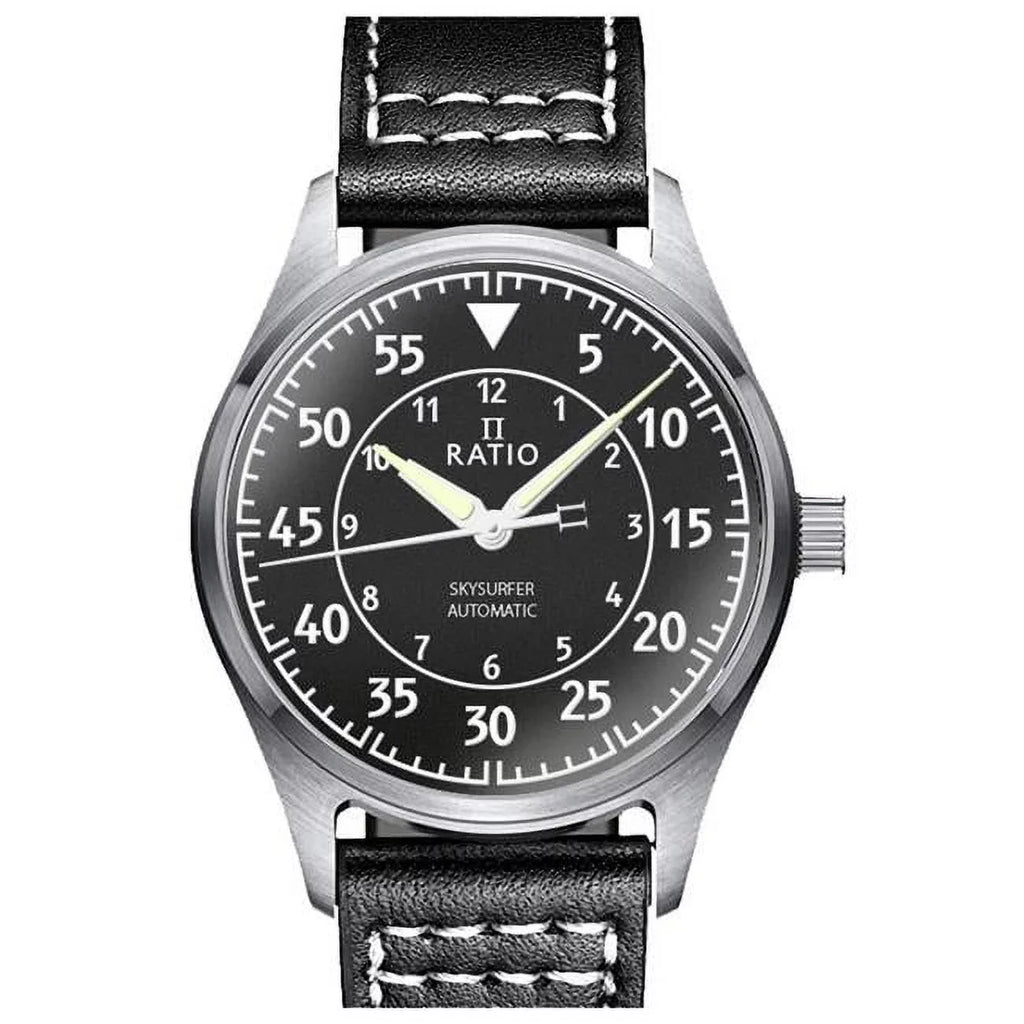 Black Automatic RTS320 Watch Ratio Skysurfer Pilot Leather Textured 200M Men's Dial