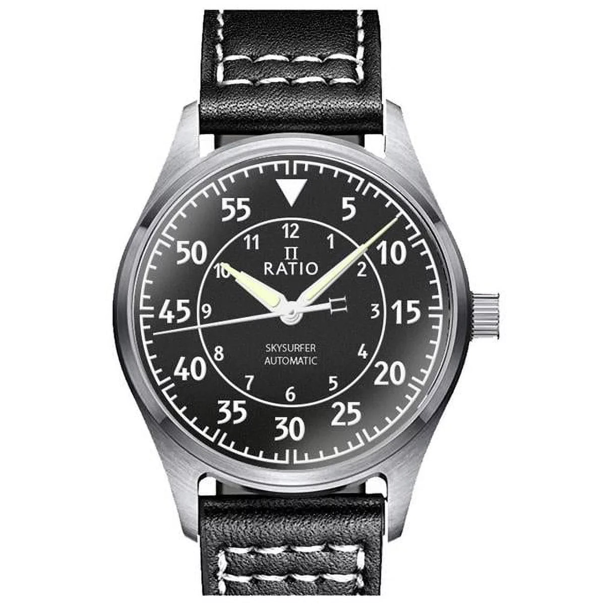 Black Automatic RTS320 Watch Ratio Skysurfer Pilot Leather Textured 200M Men's Dial
