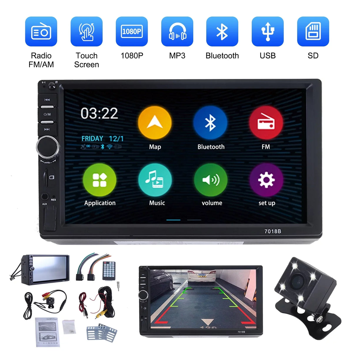 MP5 Touch Camera Car Inch with Player, HD 2 Double Reversing Video Player Car Screen Bluetooth Backup Radio Stereo Din 7 1080P