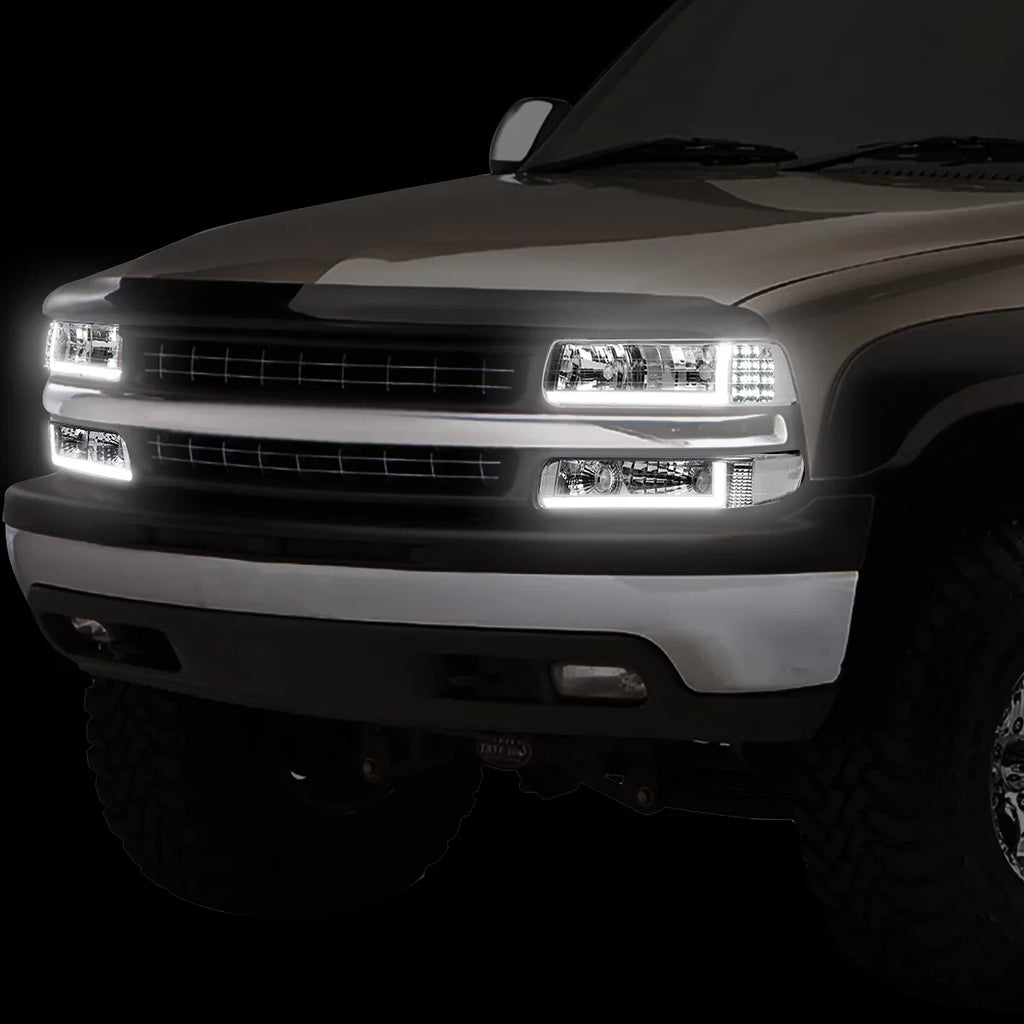 DRL 1999 to HL-LB-CSIL99-CH-CL1 2000 Motoring 2500 Truck LED Suburban Bumper to 03 04 Lamps Chrome/Clear DNA 1500 2002 05 01 Signal Fits Chevy Tahoe Silverado Headlight 2006