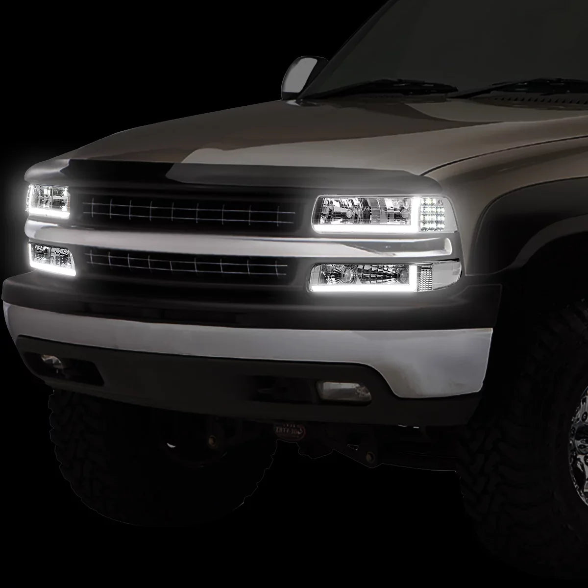 DRL 1999 to HL-LB-CSIL99-CH-CL1 2000 Motoring 2500 Truck LED Suburban Bumper to 03 04 Lamps Chrome/Clear DNA 1500 2002 05 01 Signal Fits Chevy Tahoe Silverado Headlight 2006