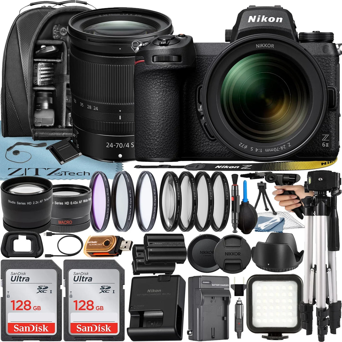 Pack S SanDisk f/4 II Camera + Z 2 + + Lens Case + with Mirrorless Accessory 24-70mm NIKKOR 128GB Card ZeeTech Tripod Bundle Nikon Z6