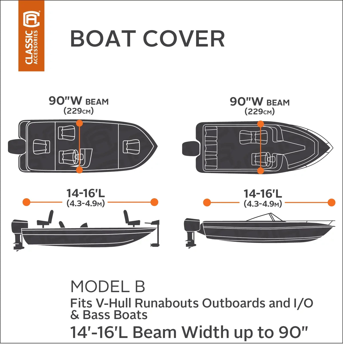 Trailerable L Polyester W, Cover, 14' Boat Stellex™ 16' Model Fabric, Cover Classic Boats Seasons x Accessories B - Fits Boat Fade-Resistant with All 90"